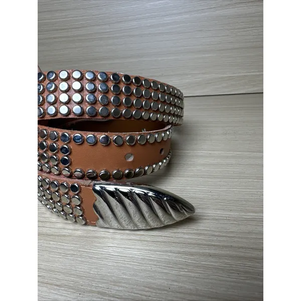 Vintage Statement Belt Womens A. Taylor Tan Silver Buckle Medium Studded‎ - Image 11