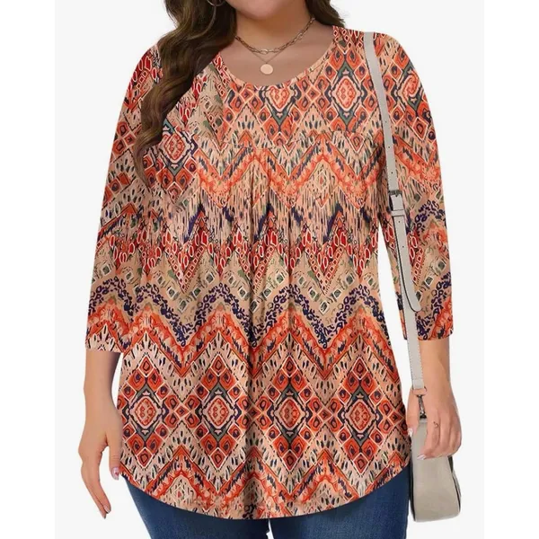 Womens Orange Ikat Geometric Print Tunic‎ Top 3/4 Sleeve Scoop Neck Boho Medium - Image 3