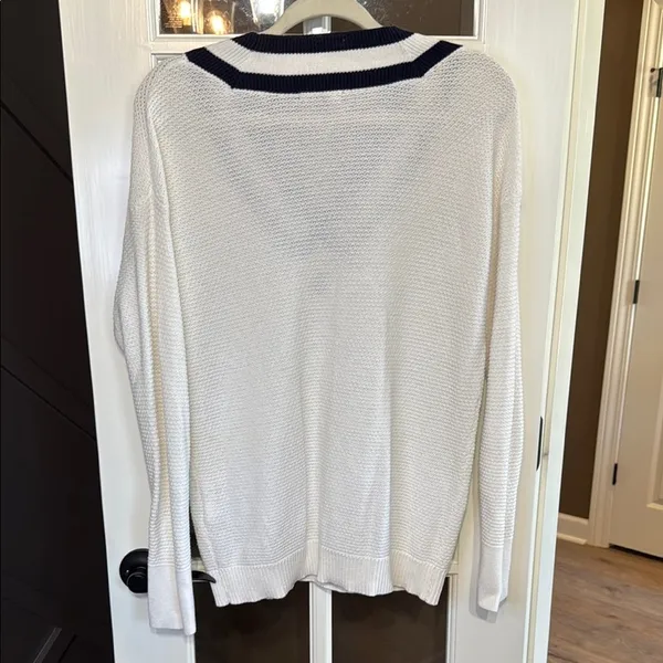 CHAPS White & Navy Preppy Academia V-Neck TENNISCORE Cable Knit Sweater XL - Image 4