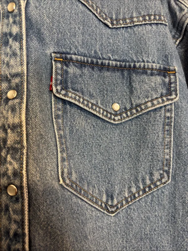 Levi's Denim Western Pearl Snap Shirt Oversized Blue Medium Wash XS - Image 3