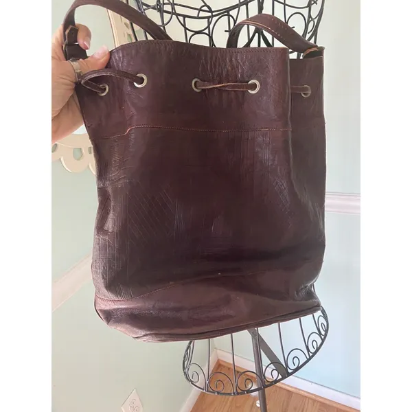 Leather Barrel Shoulder/Crossbody Bag Brown Leather Brass‎ Hardware Boho - Image 4