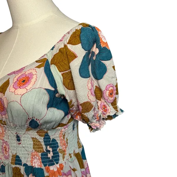Angie Floral Smocked Boho Mini Dress Medium Cottage Indie Retro Rayon Festival - Image 7