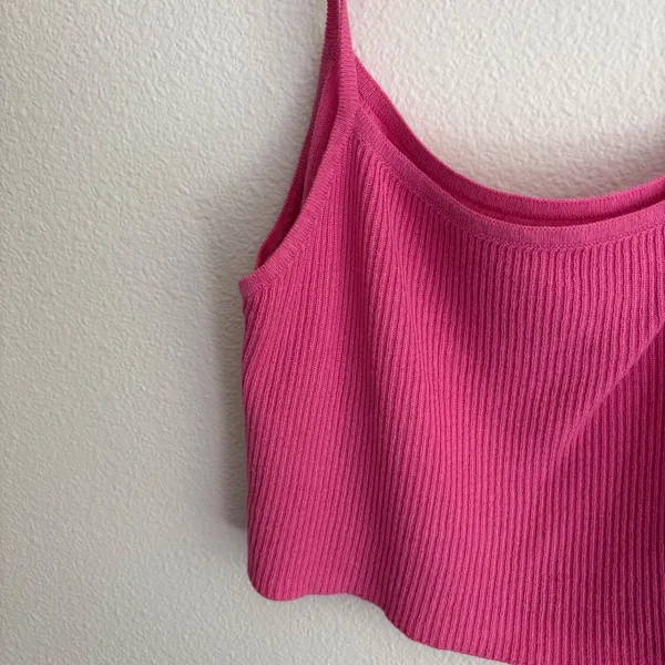 Hot Pink Ribbed Knit Cropped Cami Spaghetti Strap Square‎ Neck Tank Top - Image 5
