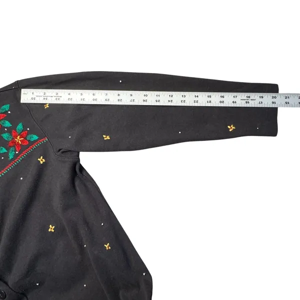 Bechamel Black Knit Button Christmas Cardigan Womens Small Poinsettia VTG FLAW‎ - Image 11
