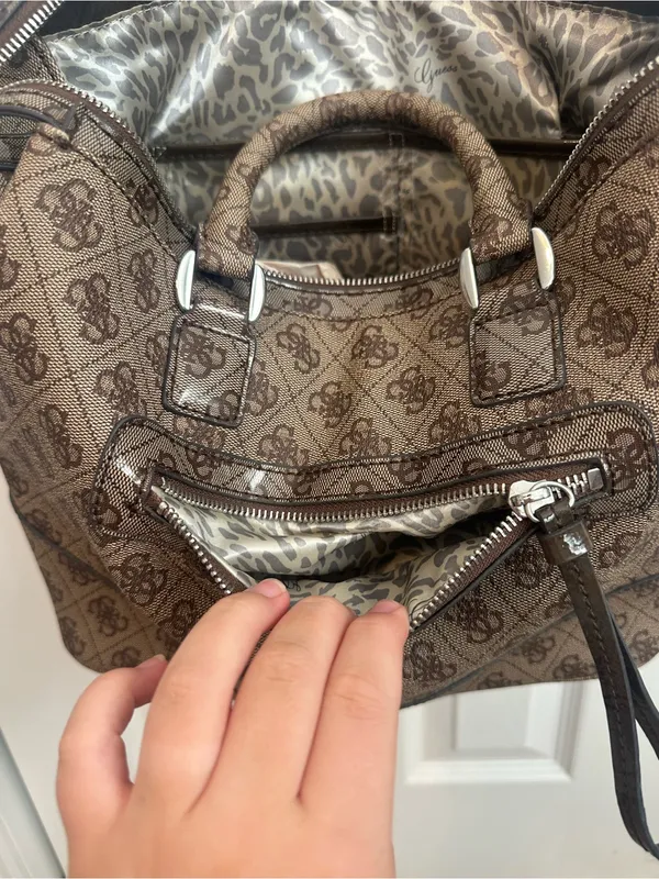 GUESS Brown Monogram Satchel Purse with Logo Plaque - Image 6