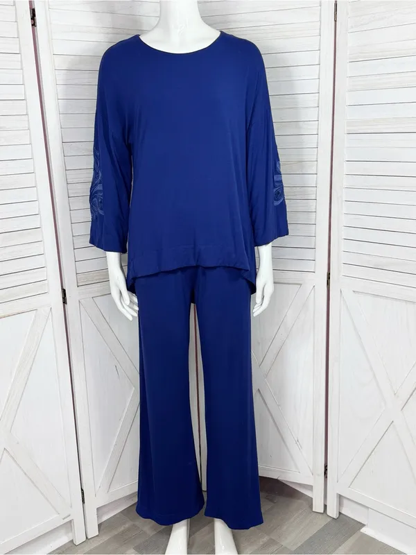 Soft‎ & Cozy Loungewear Embroidered Sleeve Wide Leg Pants Set Blue Small - Image 2