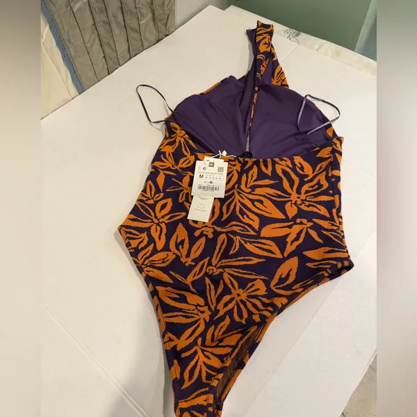 Zara Purple and Orange Floral One-Piece Swimsuit - Image 4