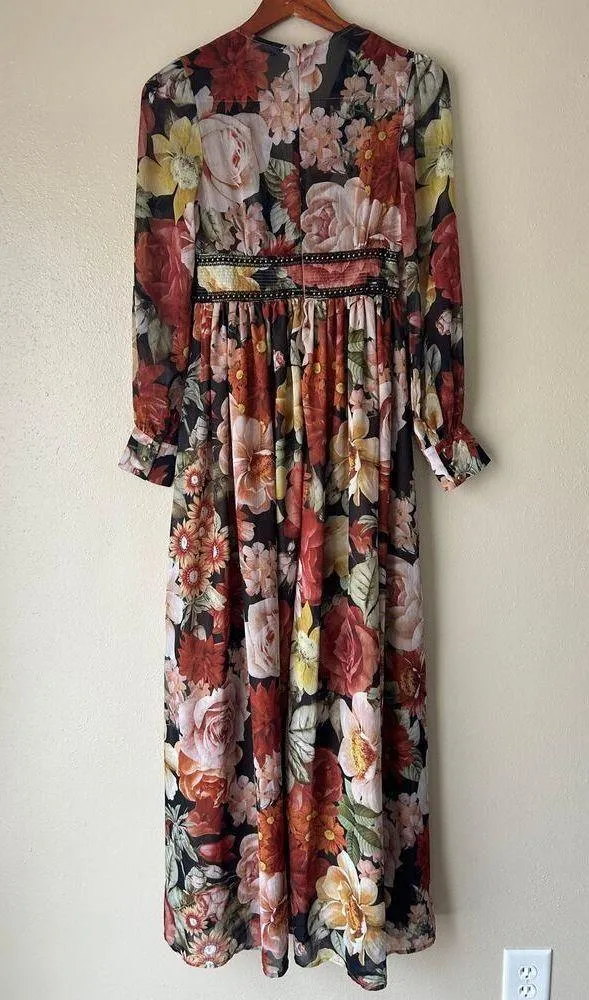 L'Atiste Burnt Orange Floral Semi Sheer Deep V Maxi Dress Size Small - Image 7