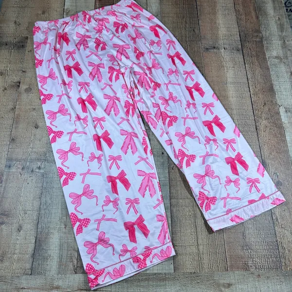 Pink Bow Print Pajama Set Top Pants Long Sleeve Coquette Feminine Plus 2X - Image 5