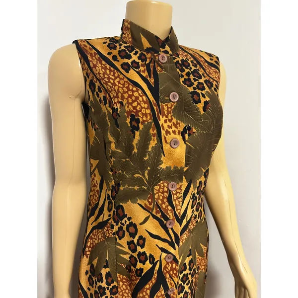 Y2K Olivia Rose Mixed Animal Tropical Print Sleeveless Midi Dress Gold Brown 8M - Image 2
