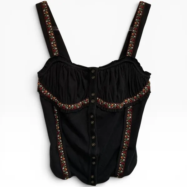 Free People Wilder Knit Corset Top Black Floral Embroidered Ribbed‎ Size S NWT - Image 2