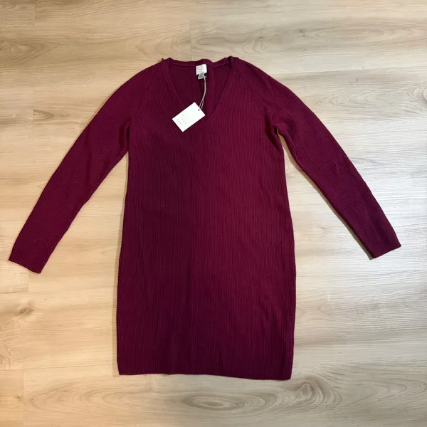 A New Day Dress Burgundy XS Women V-Neck Ribbed Knit Mini NEW FLAWED - Image 11