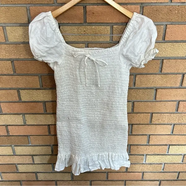 Faithfull The Brand Cette Mini Dress White Linen Puff Sleeve Smocked Size M/US 6 - Image 4