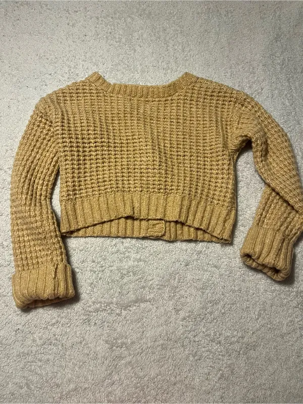 No Boundaries Cropped Waffle Knit Cardigan - Mustard Yellow - Image 2