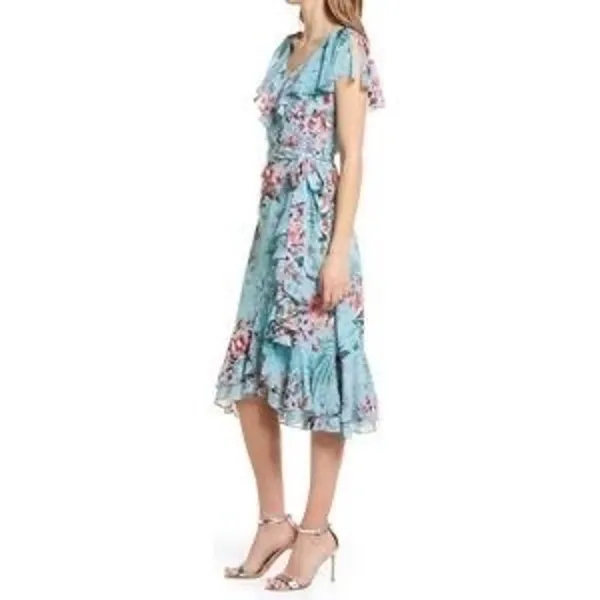 Eliza J V-Neck‎ Ruffled Printed Metallic Clip Chiffon Dress Size 2 - Image 2