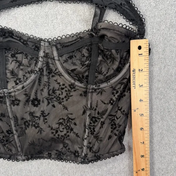 Windsor Black Velvet Floral Flocked Mesh Bustier Corset Top Size SM Adjustable - Image 6