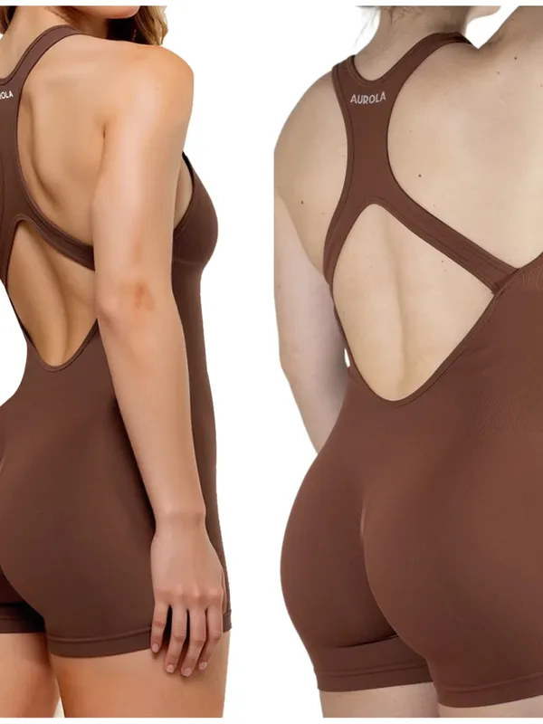 Aurola Brown Power Romper Small, Removable Padding, Racerback, Ruched Back - Image 3