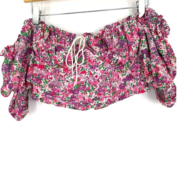 For Love & Lemons M Katarina top cropped blouse revolve pink floral puff sleeve - Image 2