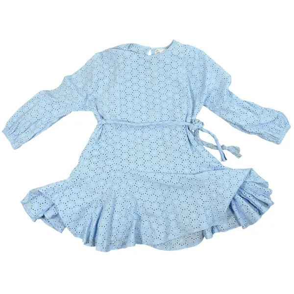 GB Eyelet Lace Mini Dress Womens L Light Blue Braided Tie Waist Long Sleeve Boho - Image 7