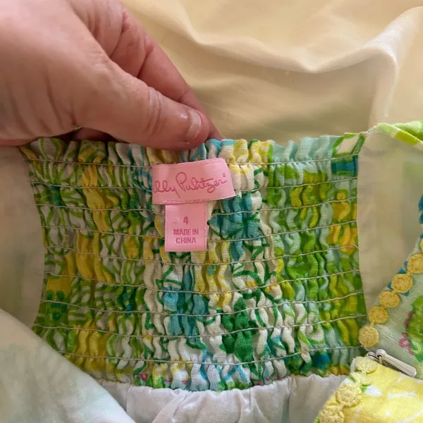 Lilly Pulitzer Patchwork Linen‎ Dress Size 4 Green Yellow Floral Tie Strap Lace - Image 11