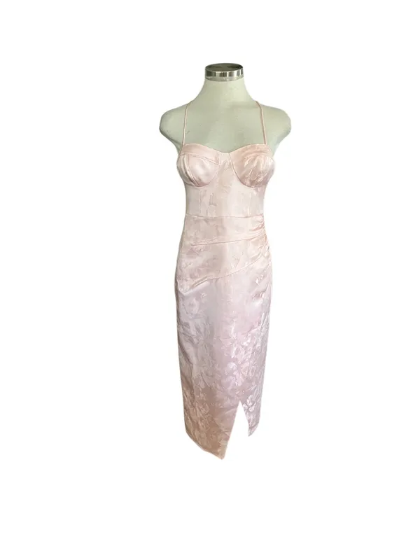 BHLDN Levi Corset Ruched Satin Jacquard Side-Slit Midi Dress Size 4 - Image 2