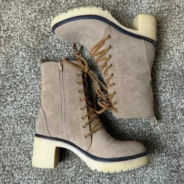 Mi.iM Jamie Latte Faux Suede Lace Up Heeled Combat Boots Casual Boho Dress Up‎ - Image 2