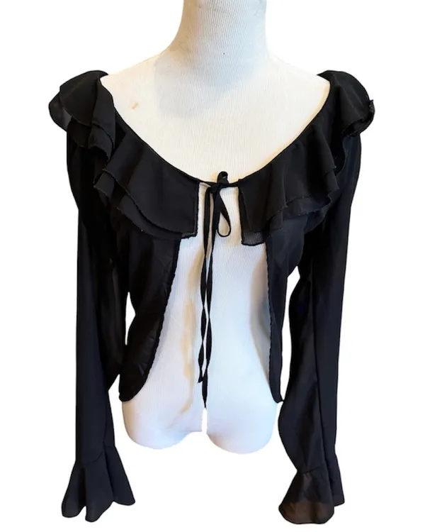 Princess Polly Black Sheer Tie Front Ruffle Blouse Long Sleeve 6 S - Image 2