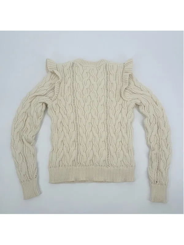 Frame Sofia Cable Knit Ruffle Sweater Beige XS - Image 4