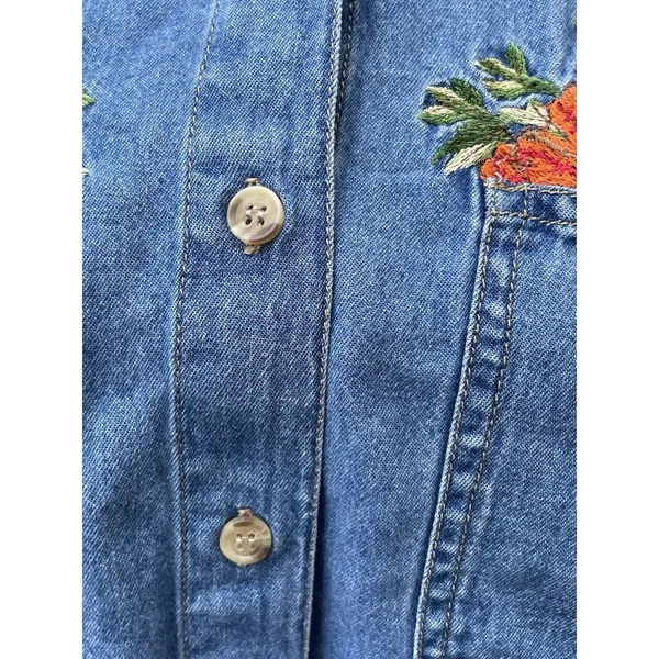Vintage Cottagecore Autumn Embroidered Denim Shirt Harvest Teacher Western 90s M - Image 12