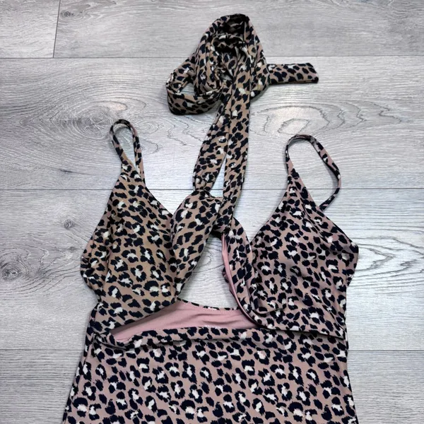 Aerie Womens Leopard Print Cutout Wrap One Piece Swimsuit Tan Black Medium‎ - Image 3