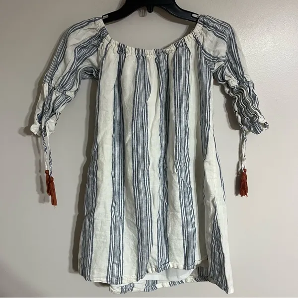 Altar'd‎ State White Blue Striped 100% Linen Mini Dress Off Shoulder Size Small - Image 10