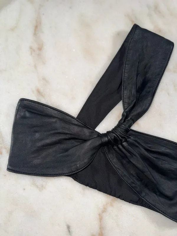 ZARA Black Leather One Shoulder Knot Crop Top Lambskin Stretch Band Small EUC - Image 3