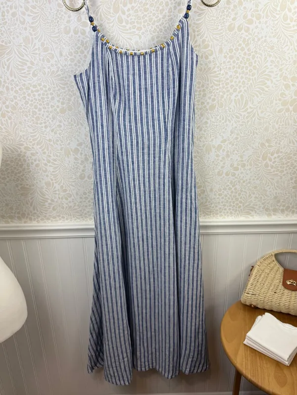 Calypso St. Barth Linen Blue White Striped Beaded Strap Maxi Dress - Size - XS - Image 10