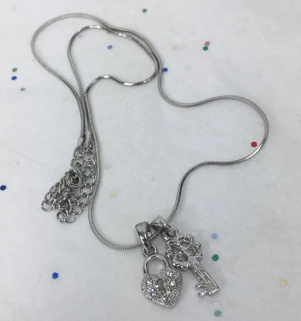Lock & Key crystal charm silver tone necklace 18” - Image 3