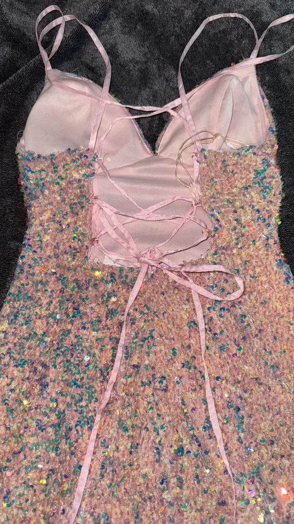 Pink Sequin Homecoming Dress - Image 3