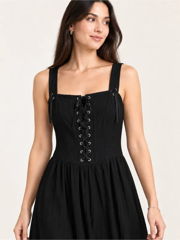 Scarlet Darkness Black Gothic Corset Midi Dress Boho Witchy Alt Festival Size M - Image 5