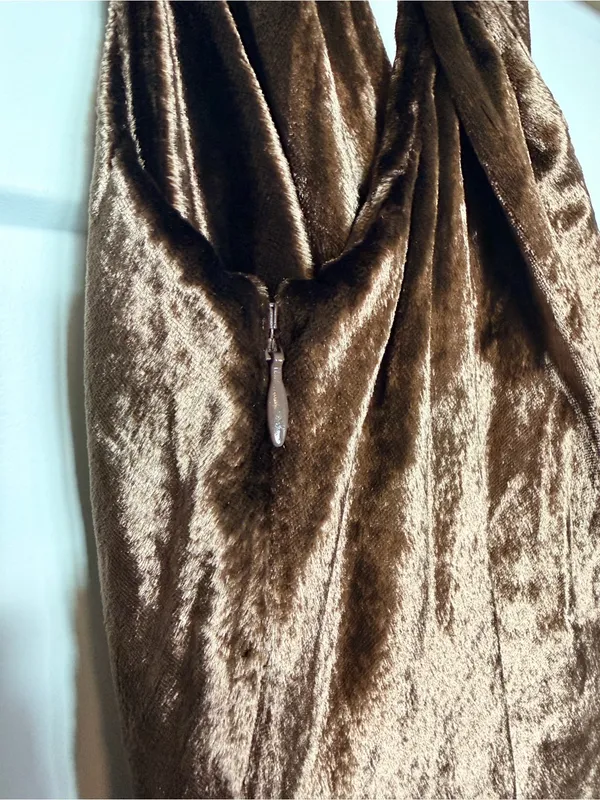 NWT Staud Beaton Draped Velvet Chiffon Dress - Dark Chocolate - Image 5