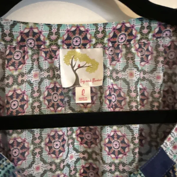 Fig and Flower Womens Patchwork Floral Blouse Blue 3/4 Sleeve Top Large - Image 2