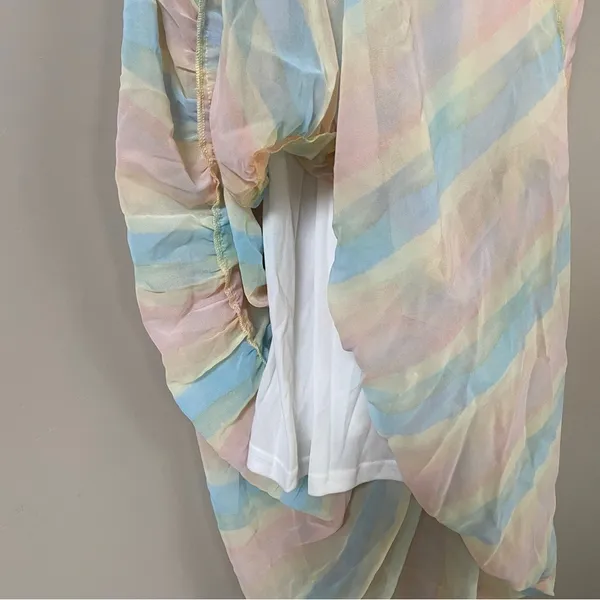 Aakaa NWT pastel rainbow smocked ruffle tiered shoulder tie midi dress Sz Large - Image 7