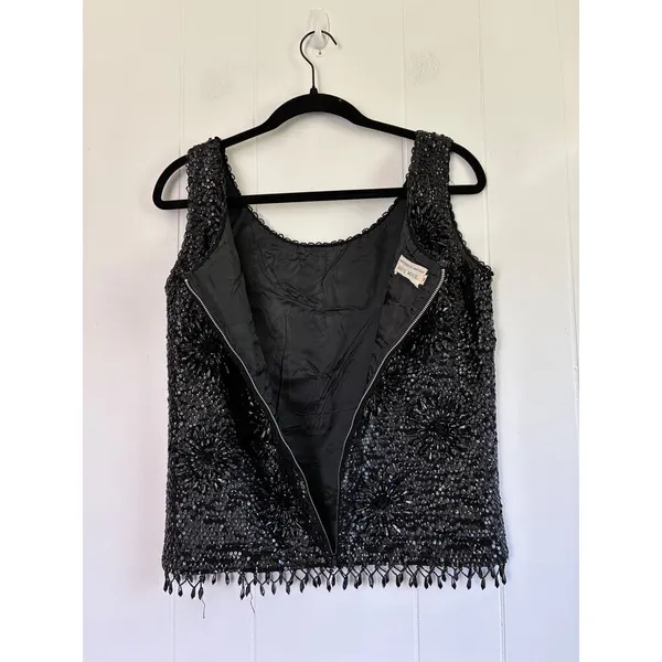 Vintage‎ Hand Beaded Wool Shell Top Black Sequin Floral Fringe Tank M WPL 3526 - Image 5