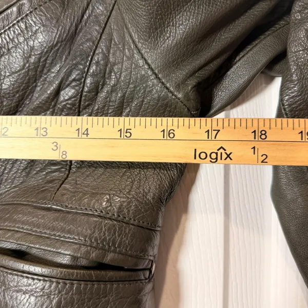 Boston Proper Leather Moto Jacket‎ Women's Size 2 Olive Green Zip Front Pockets - Image 6
