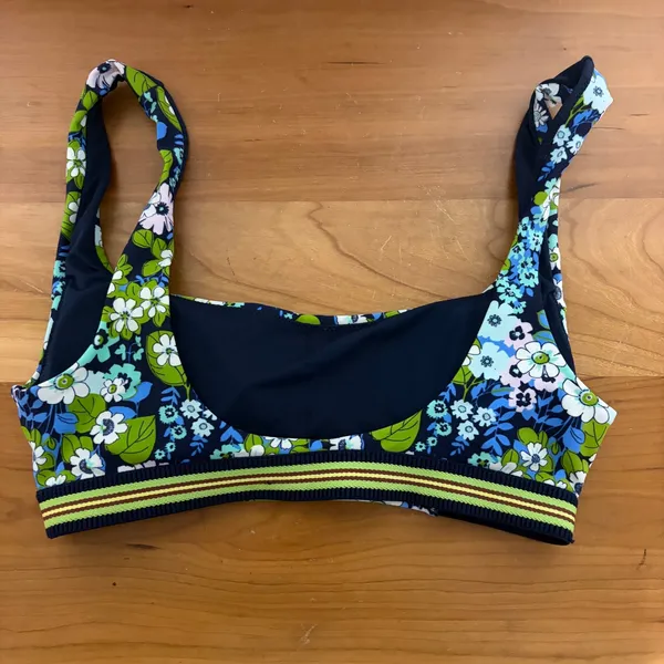 Aerie Floral Scoop Neck Bikini Top Navy Blue Green XS - Image 2