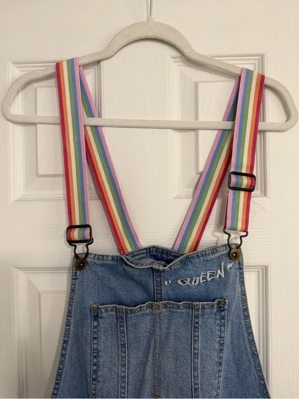 Denim Rainbow Stripe queen embroidered Overalls cut off Shorts women’s size XL - Image 9