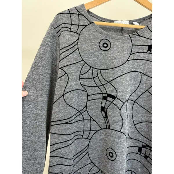 Vasna Gray Knit Dress Abstract Print Made in Italy SzL - Image 3