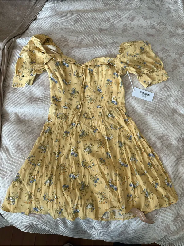 Reformation Yellow Floral Puff-Sleeve Mini Dress - Image 4