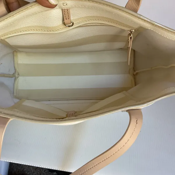 Kate Spade New York Striped Tote Bag Cream Beige Spade Charm Bow Shopper - Image 13