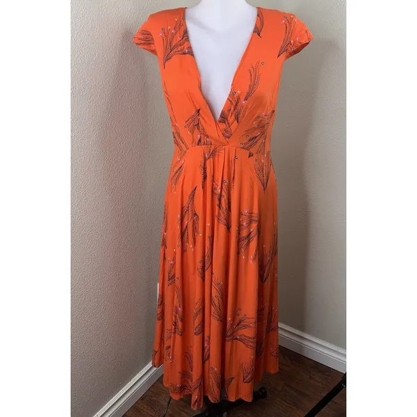 Free People Dress Sz 6 V Neck Orange Red Botanical Long Flutter Cap Sleeve Boho - Image 4