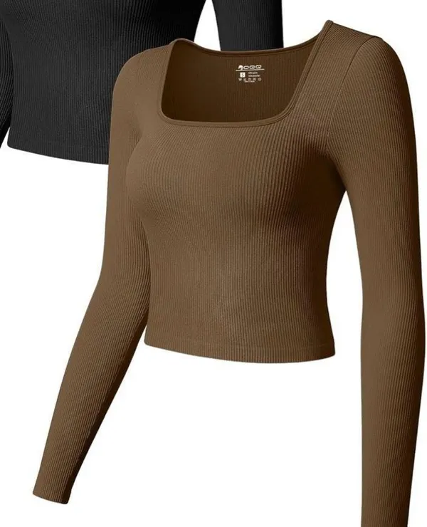 Brown Long Sleeve Crop Top - Image 2