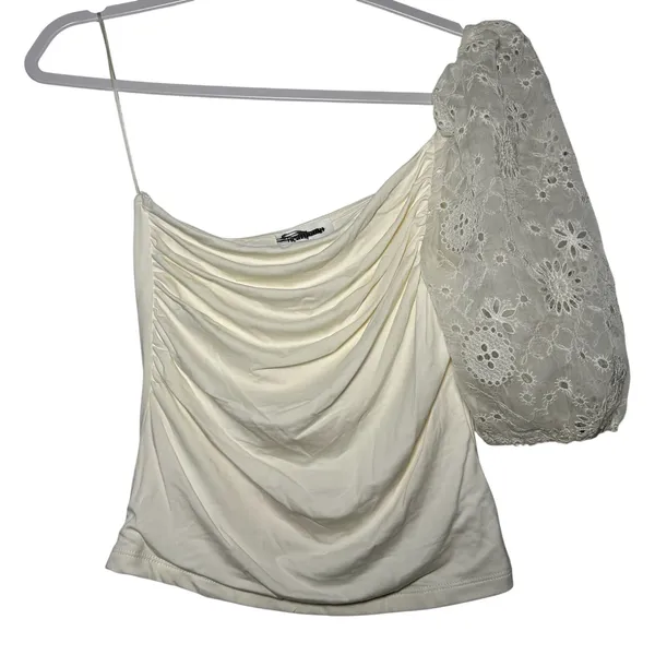HEARTLOOM Ivory Ruched One‎ Shoulder Broderie Anglaise Sleeve Top Size S - Image 2