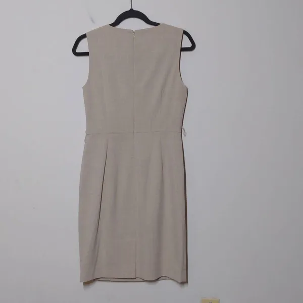 Calvin Klein Sheath Dress Beige Tan Stretch Jewel Neck Sleeveless Ruffle 6 - Image 5